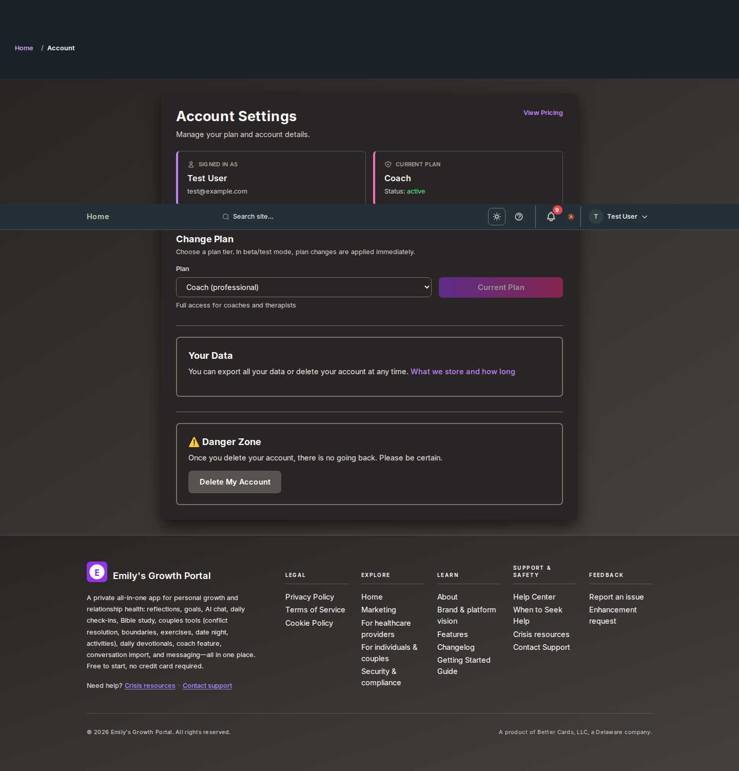 Screenshot: Your Data (Account: export & delete)