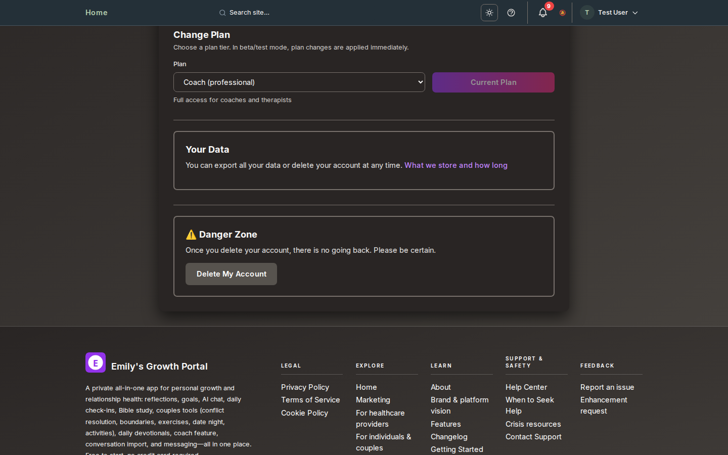 Your Data (Account: export & delete)